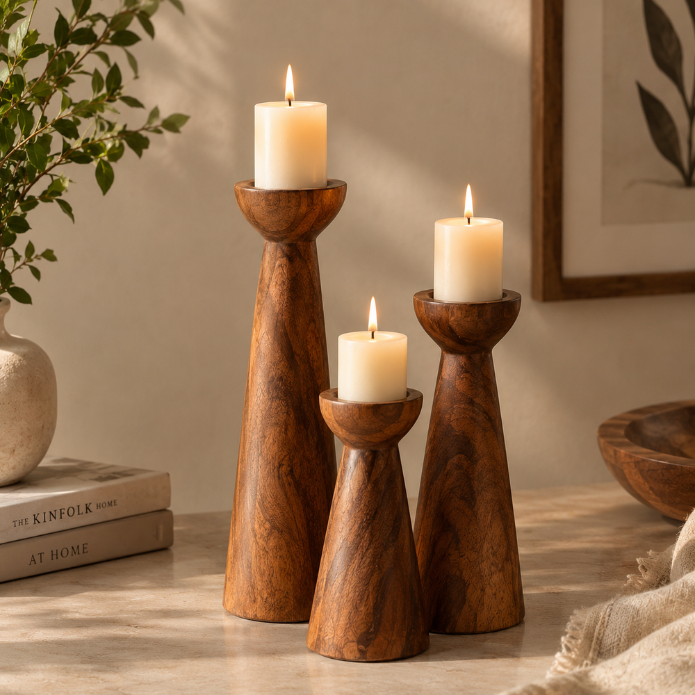 Acacia Wood Candle Holders – Set of 3