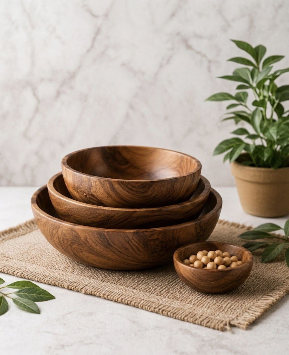 Handcrafted Wooden Serving Bowl Set of 4