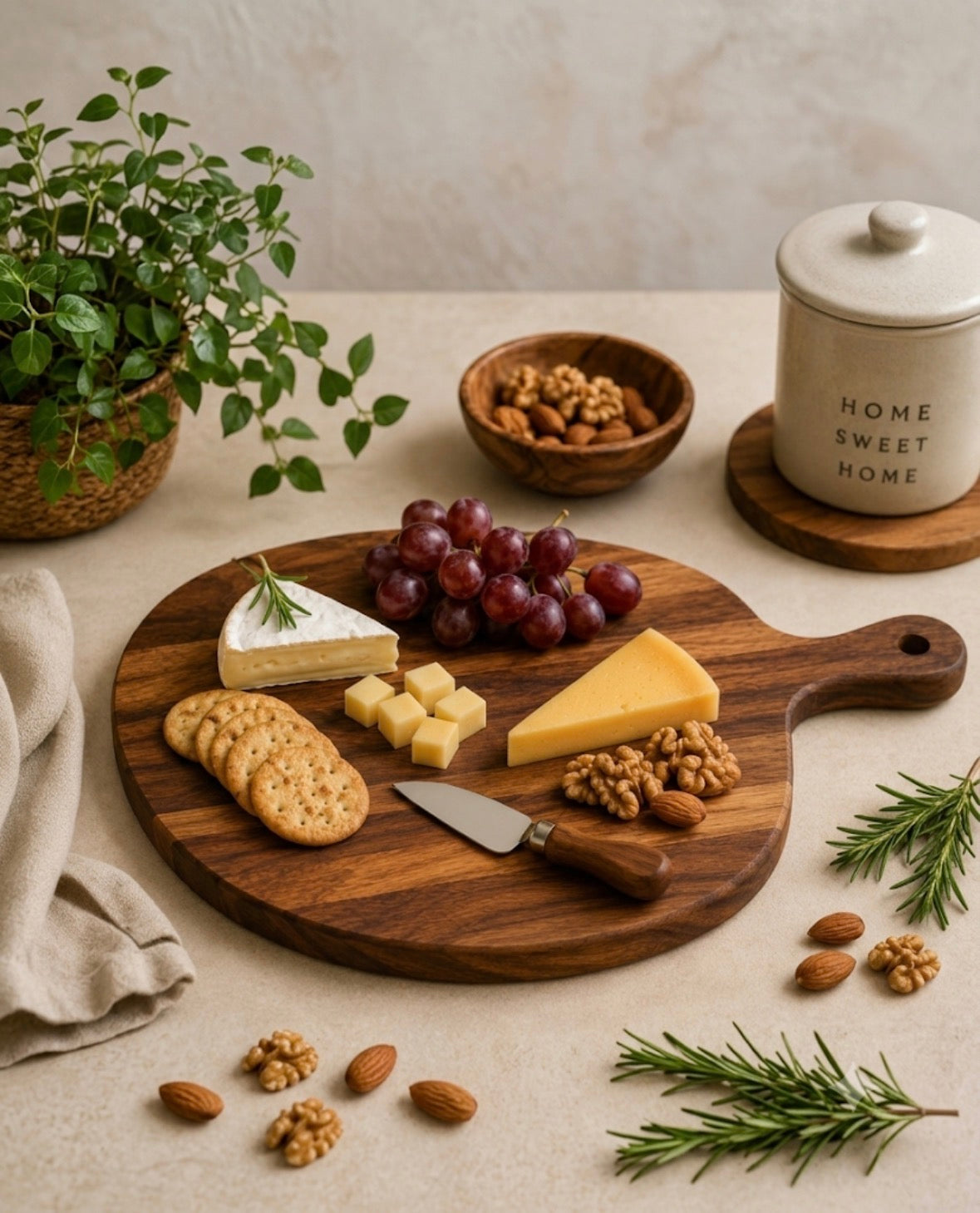 Handcrafted Acacia Wood Round Charcuterie Board with Handle