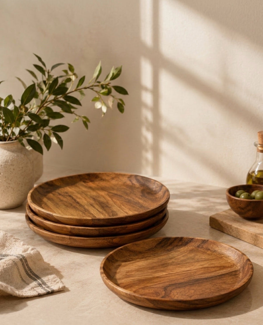 Acacia Wood Round Serving Plates – Set of 4