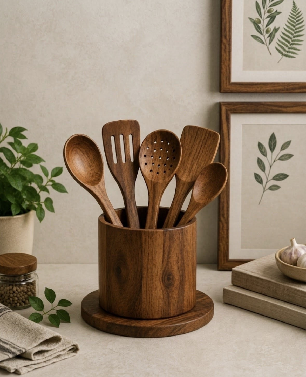 Acacia Wood Kitchen Utensils Set with Holder – 5 Piece