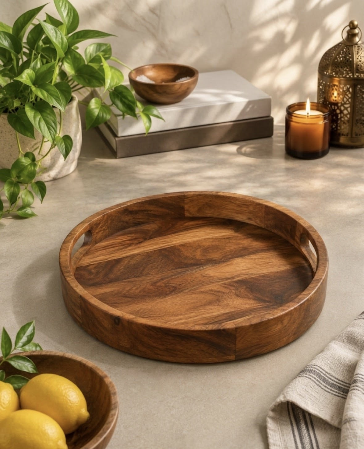 Acacia Wood Round Serving Tray with Handles