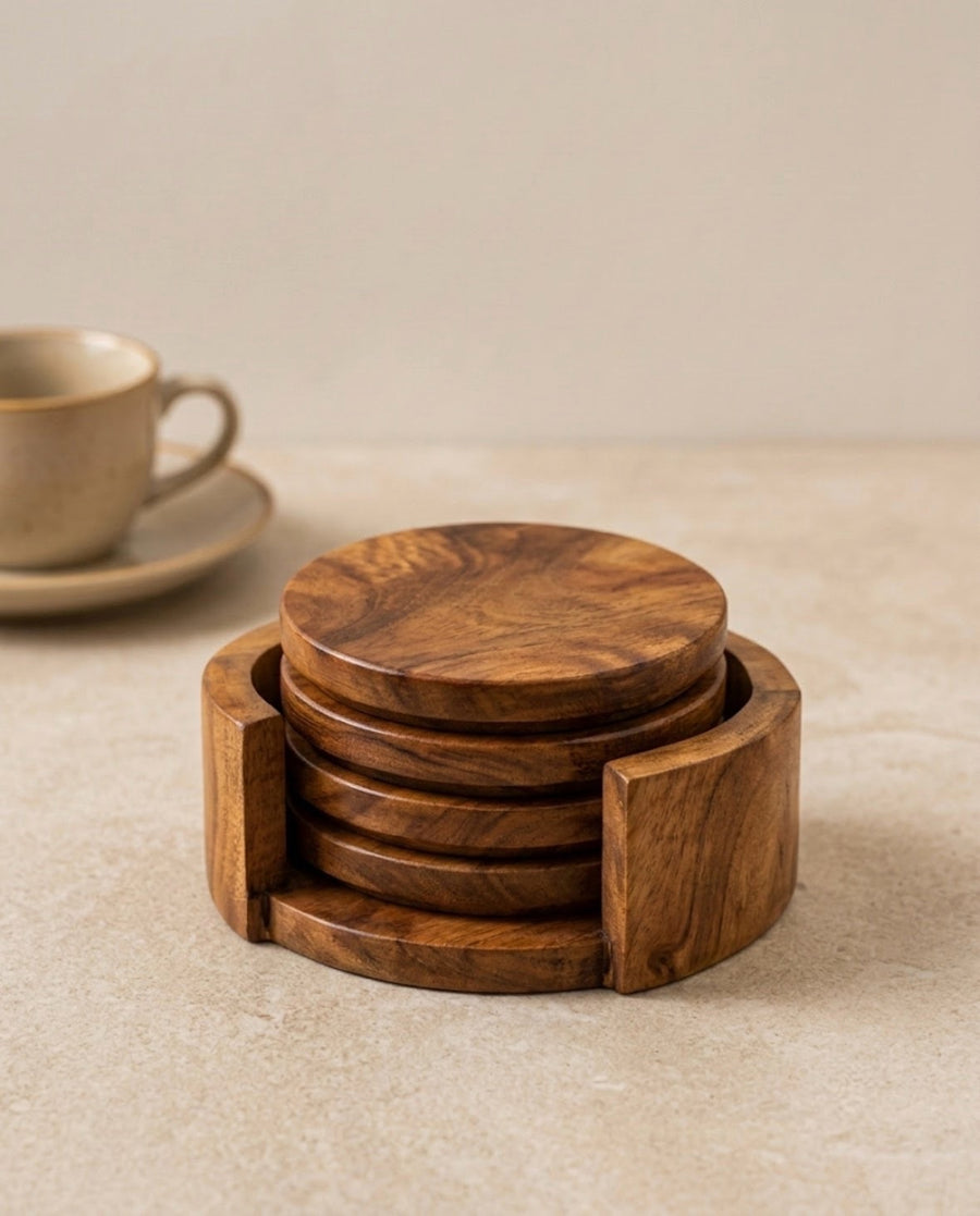 Acacia Wood Coasters with Holder – Set of 6